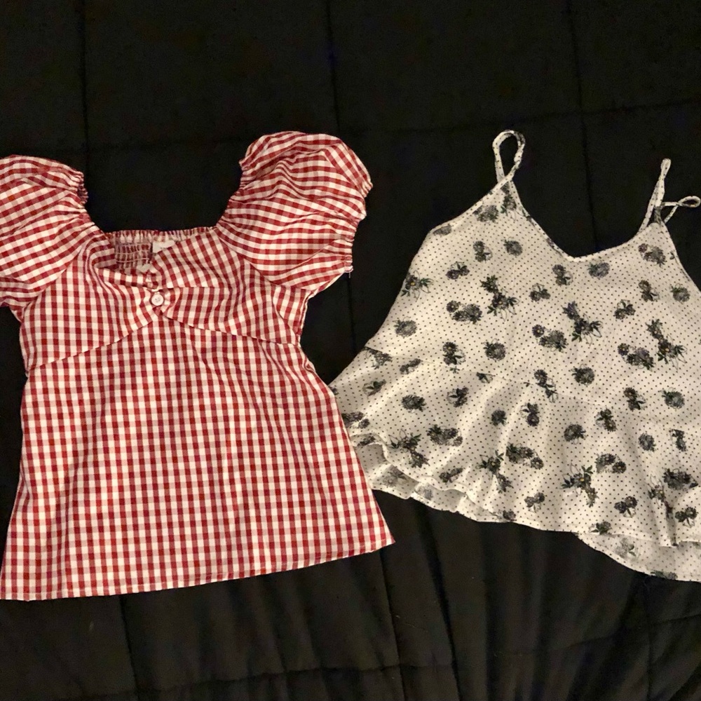 Duo of Girl’s Tops - Red Gingham Puff-Sleeve and Black and White Floral top.